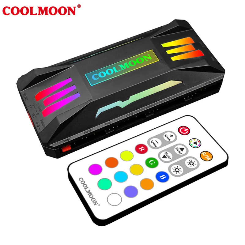 COOLMOON PWM Cooler Fan HUB Splitter Extension connector Motherboard 4Pin pwm 5v argb PC cooling fan RGB adjust Speed Controller