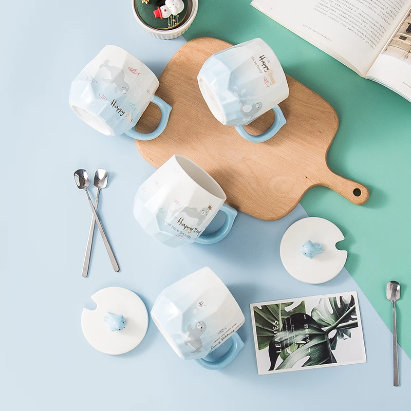 Feiyou wholesale Nordic style Cartoon 3D three-dimensional relief sea lion ceramic cup Creative mugs Cup with lid spoon