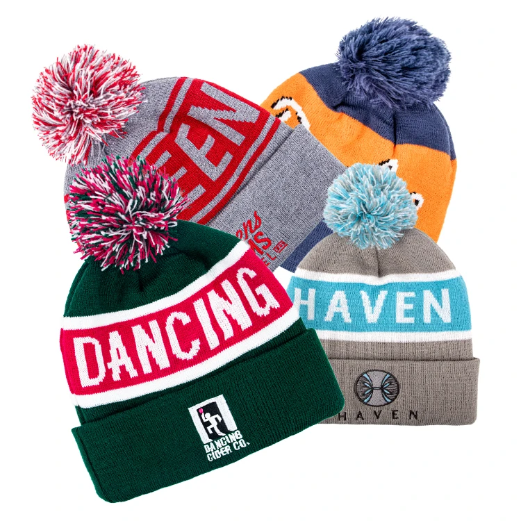 custom beanie embroidery Designer embroidered logo wholesale acrylic pom pom beanie hats
