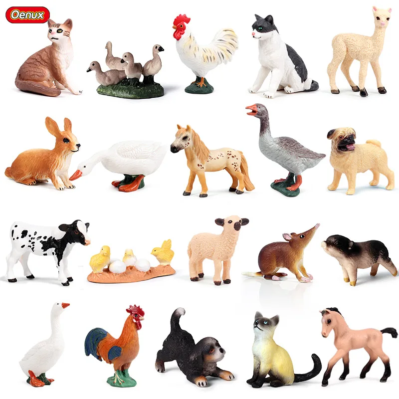 Oenux Wholesale PVC Animal Toy  Farm Cow Hen Cat Goose Sheep Dog Action Figures Cute Poultry Miniature Model