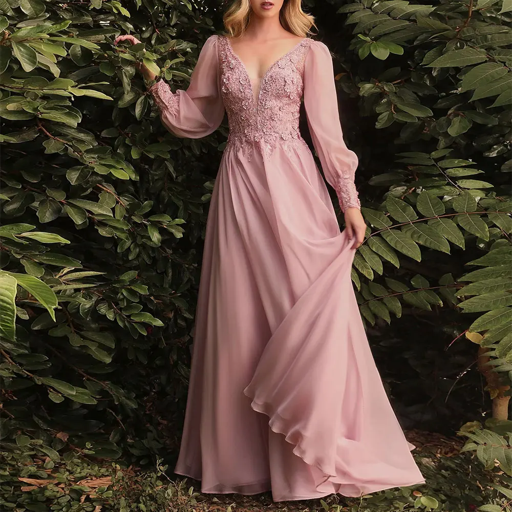 Long Chiffon Sleeves Bridesmaid Cocktail Dresses Modest Gown Lace Cuff Mother Of The Bride Dresses