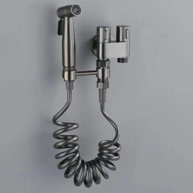 Modern Brass Double Handle Diverter Faucet 1 in 2 out Angle Wall-Mounted Shattaf Bidet Sprayer for Toilet Bathroom Cleaning