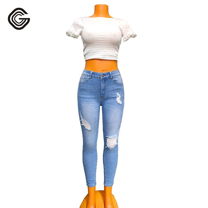 Оптовая продажа светло-голубые облегающие джинсы до щиколотки с высокой посадкой для