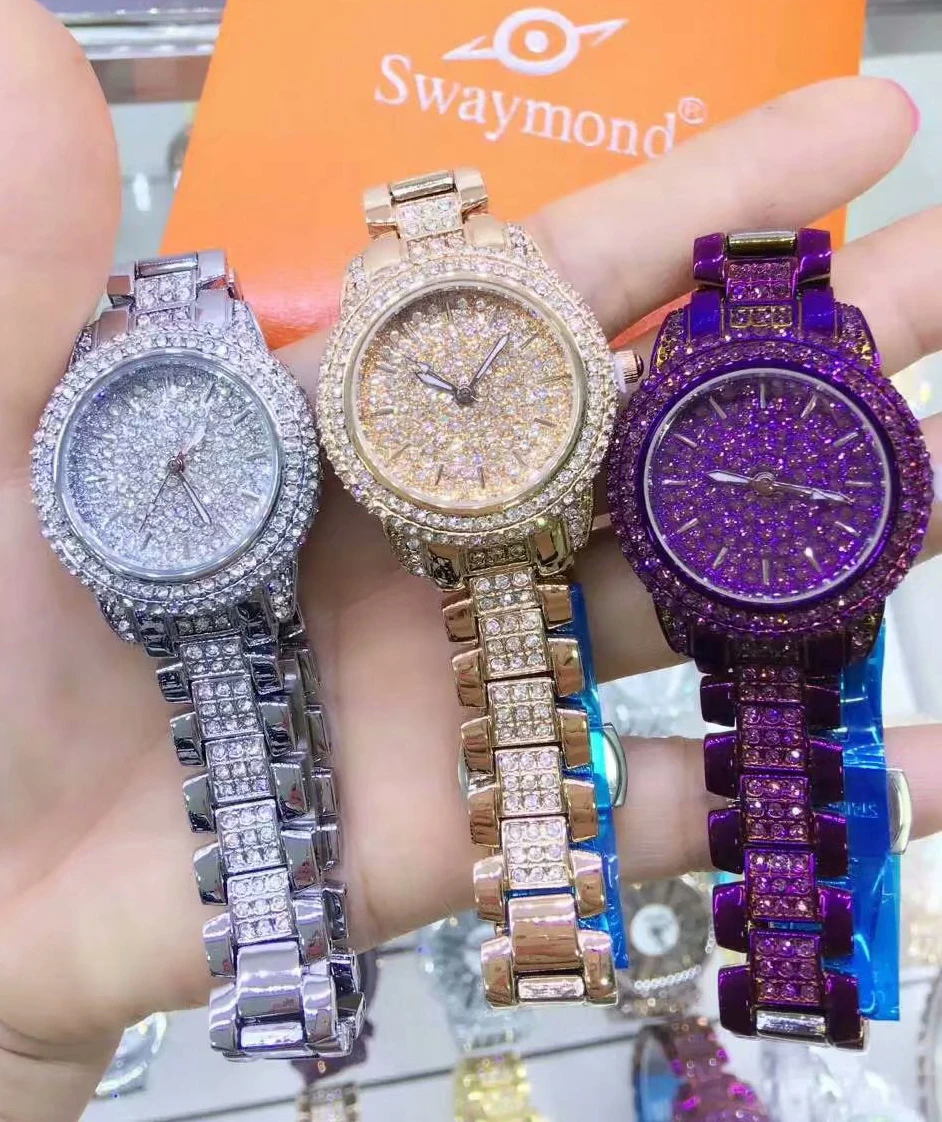 Swaymond Quartz Watch Diamond Jewel Purple Silver Watch Women Watches Stainless Steel Clock  Czech Big Large Dial