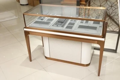 Wholesale Floor Standing Wooden Retail Clear Glass Jewelry Display Cabinets Pattern Paper Print L Shape Showcase With Led Lights