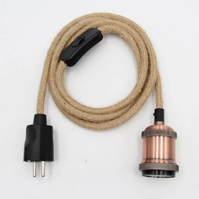 Vintage Style Hemp Rope Cable Wire With European Plug Dimmable Switch E27 Vintage Bulb Holder