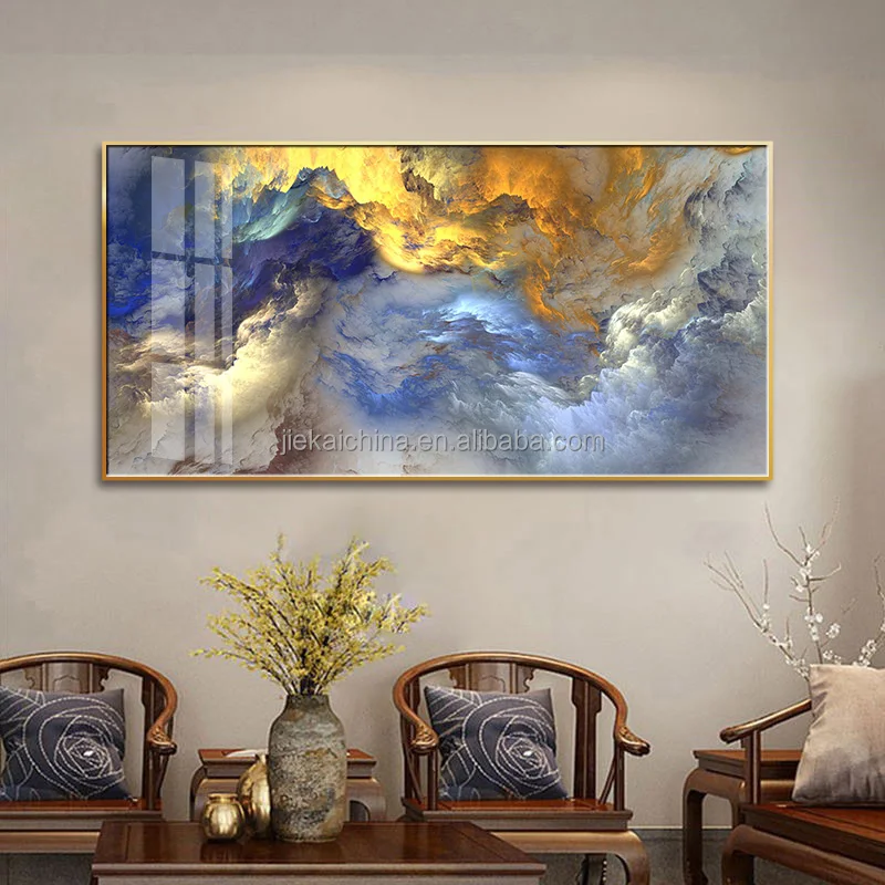 Blue Gold Cloud Canvas Modern Fantasy  large crystal porcelain abstract framed art  glass wall art painting for living room