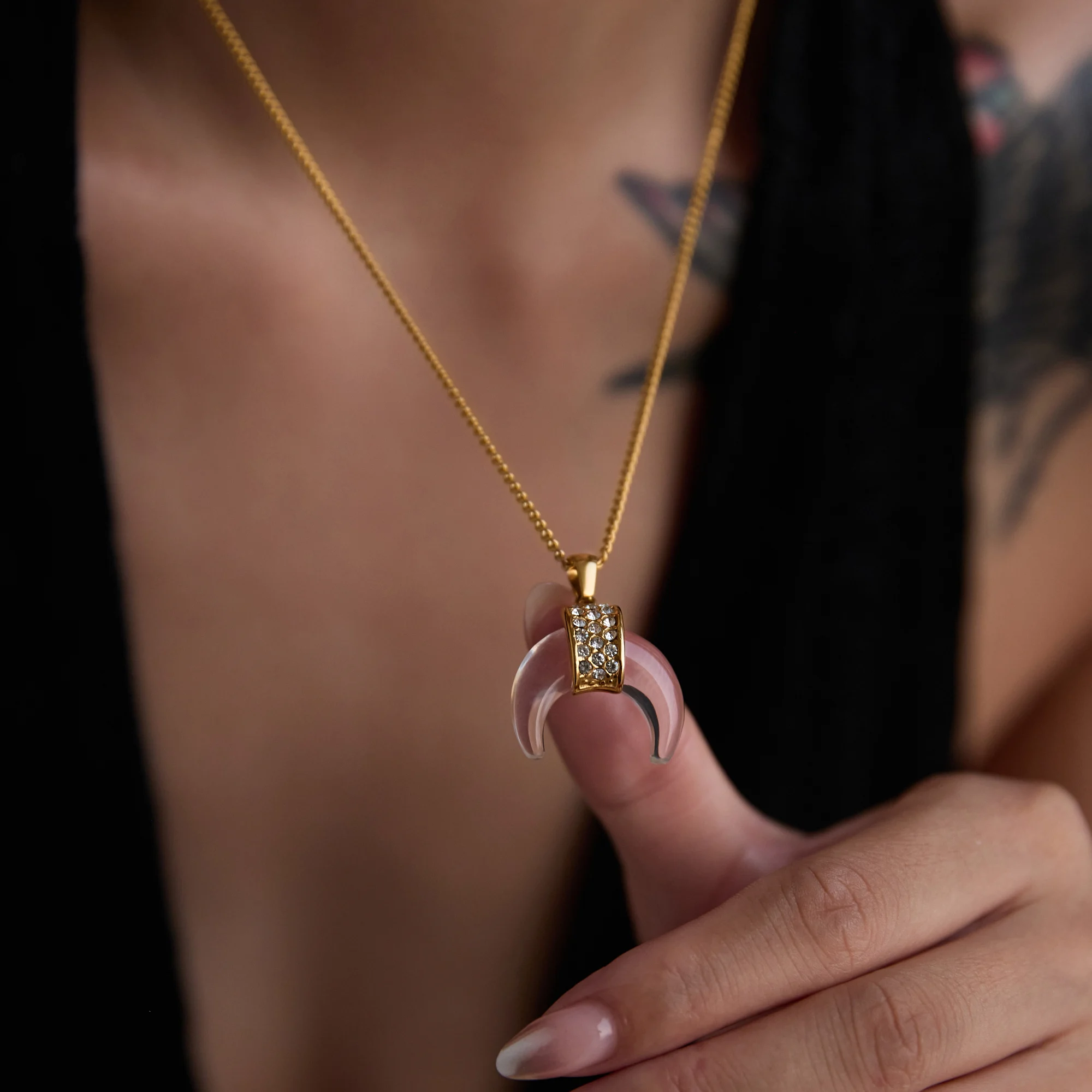 Dazan New Winter HOT 18k Gold Plated Tarnish Free Boho Moon Clear Drop Glue Row Zircon Pendant Necklace Couple Lucky Jewelry