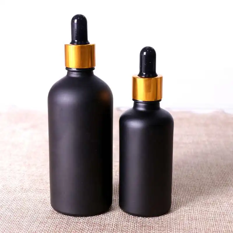 Wholesale luxury Frosted black glass dropper bottle essential oil container 30ml 50ml 100ml