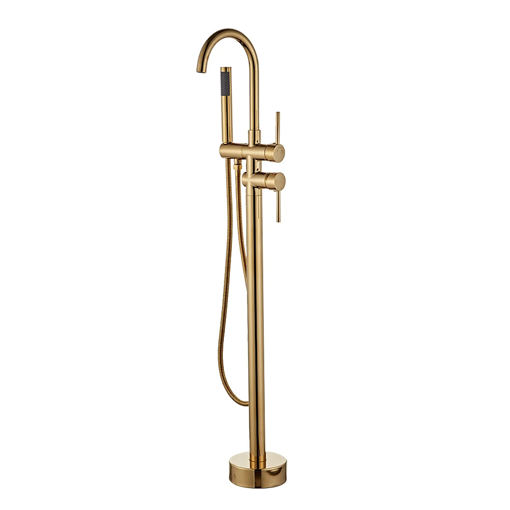 Brushed Gold Bathtub Faucet Luxurious Style Floor Mounted Tub Filler Shower Faucet Dual Handles Shower Mixer Taps