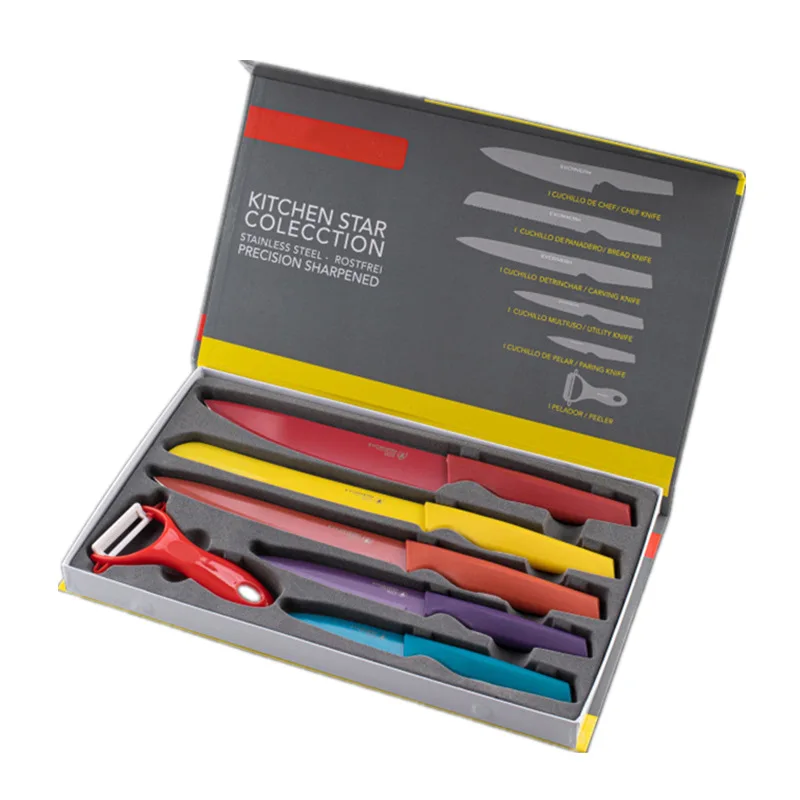 6 PCS Colorful Kitchen Knife Non-stick Coating Home  Stainless Steel Kitchen Knife Set