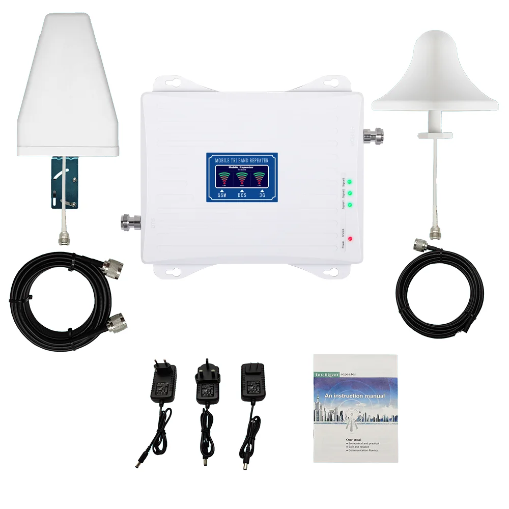 Трехдиапазонный 900 / 1800 / 2100 МГц мобильный ретранслятор 2 / 3 / 4G Усилитель сигнала с антенным кабелем