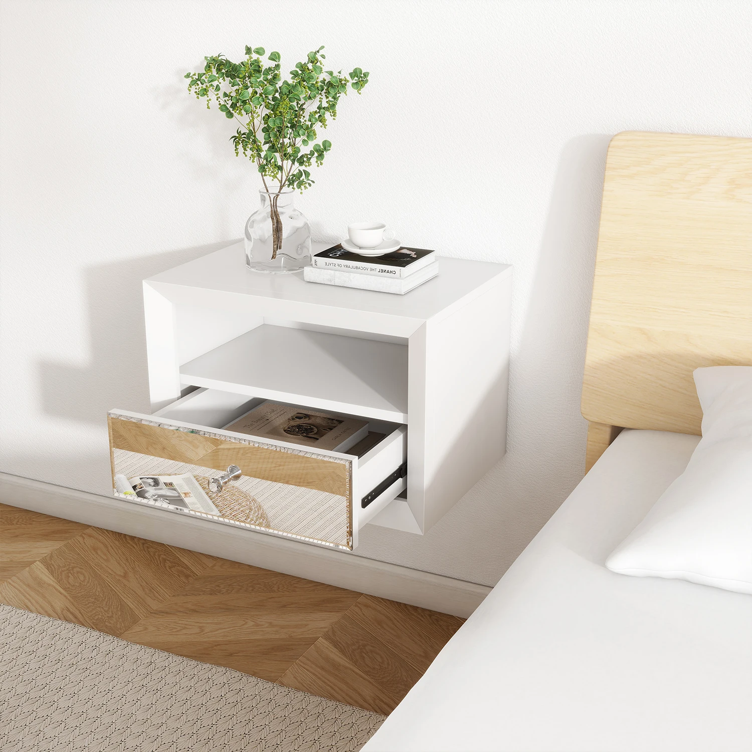 Modern Simple Floating Nightstand Double Layer Mirrored Single Drawer Wall-mounted Bedside Table