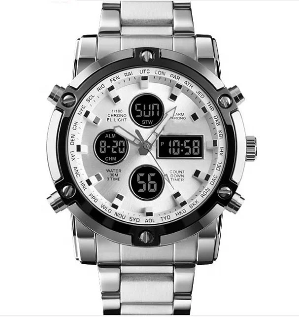 Мужские спортивные часы с двойным механизмом, стальные часы со светящимся будильником, многофункциональные кварцевые часы