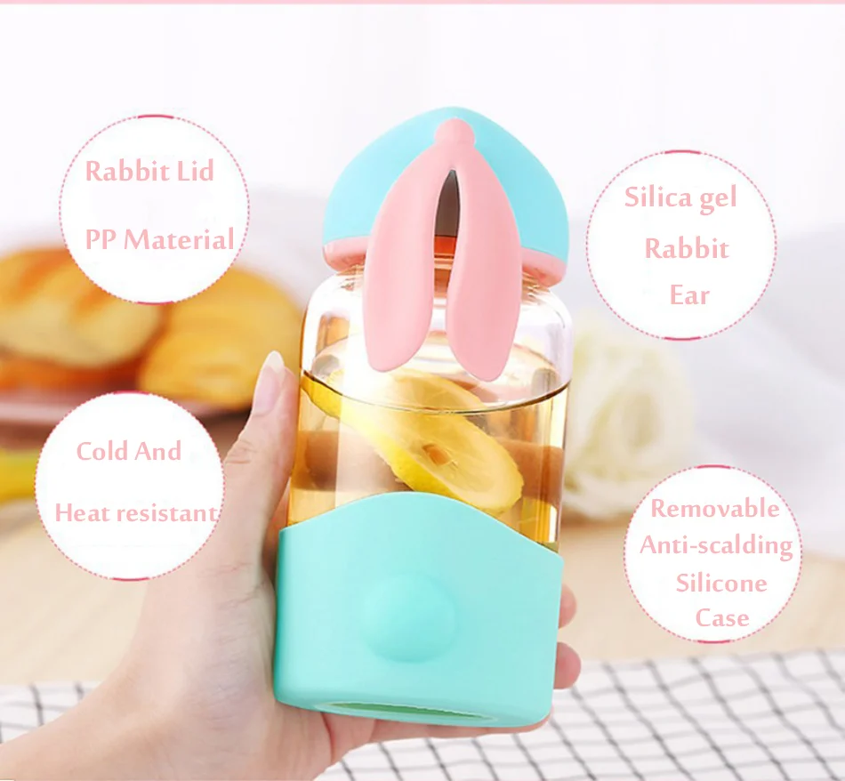 Cute Water Bottle Cartoon Rabbit Glass Bottle with Silicon Sleeve for Kids Student Girls Portable Drink Tea Bottle