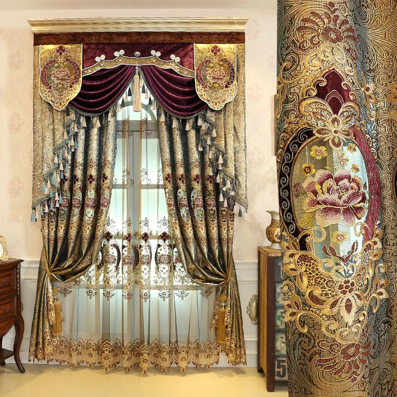Ready Made Cortina European Finished Embroidery Chenille Window Curtain for Living Room Luxury
