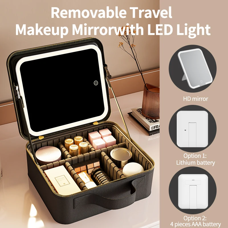 Cosmetic Portable Travel Storage Box With Led Rechargeable Vanity Bags Makeup Case With Led Light Mirror