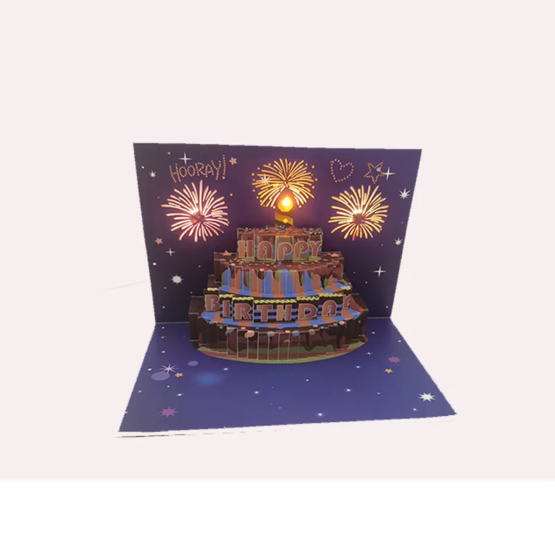 New arrival Lights and music 3D pop-up firework cake birthday card Creative handmade happy birthday card blessing gift