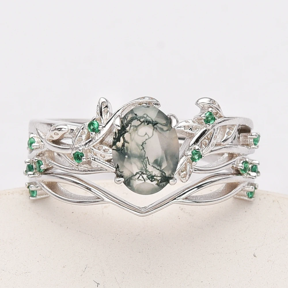 Luxury Fine Jewelry 925 sterling silver bridal engagement wedding ring women moss agate ring