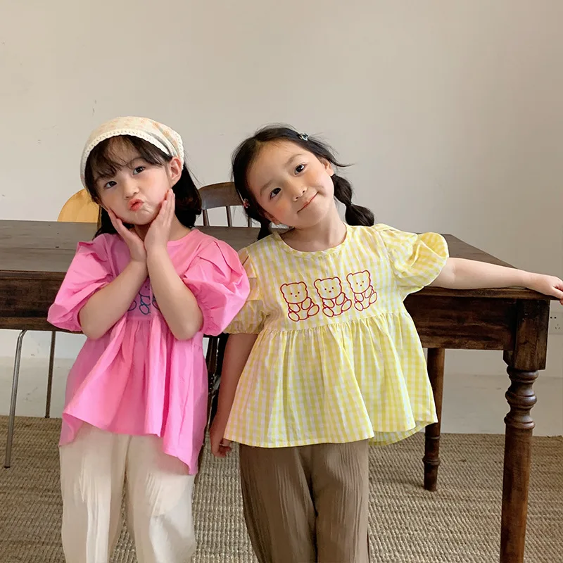 
Wholesale ready to ship kids shirt cartoon bear top baby cotton shirt for toddler girls LP026 