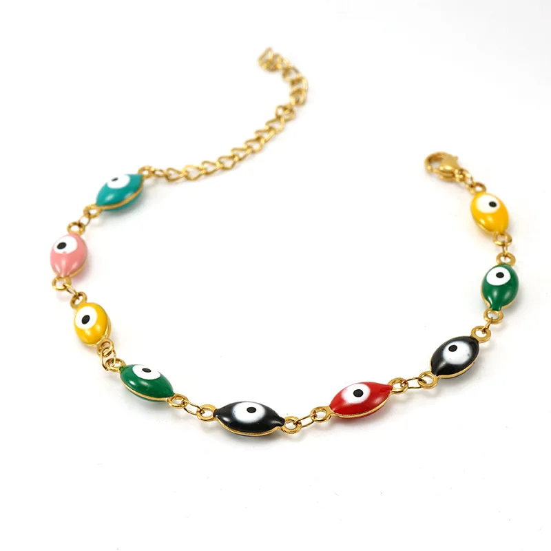 Wholesale New Fashion Summer 18K Gold Plated Jewelry for Girls Turkey Eye Oval Shape Colorful Stainless Steel Bracelet Supplier
