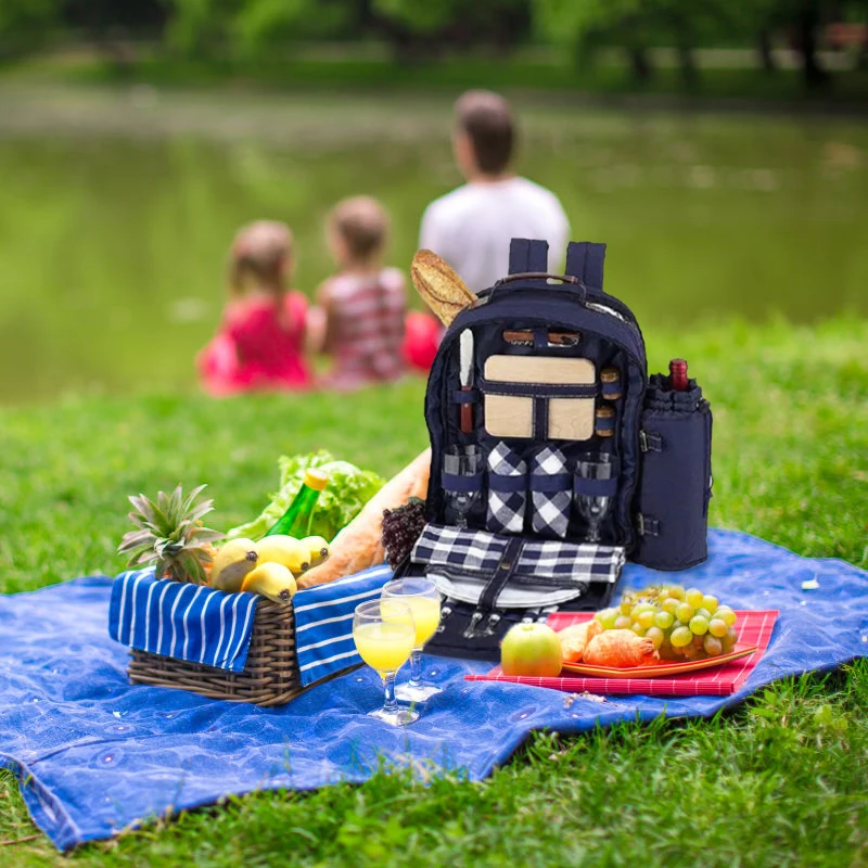 Customize waterproof beer food large insulated cooler bag outdoor camping wine dinnerware 4 persons set picnic backpack with rug