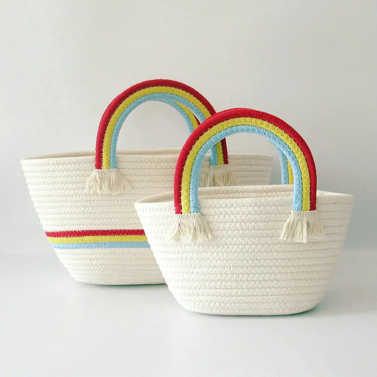 Wholesale Women Summer Beach Solid Color Stripes Pattern Rainbow Handle Straw Woven Handbags
