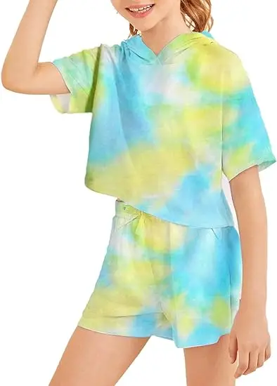 High Quality French Terry Tie Dye Girls Clothes Two Piece Short Set Summer Breathable Kids Clothing Sets