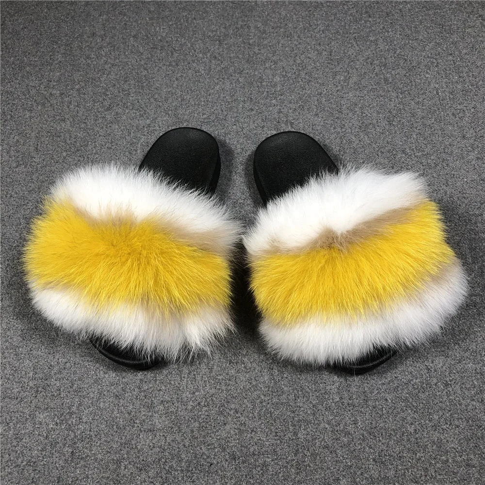 
Drop Shipping Services Fashion Flat Raccon Fur Slippers Open Toe Furry Fox Fur Slides 
