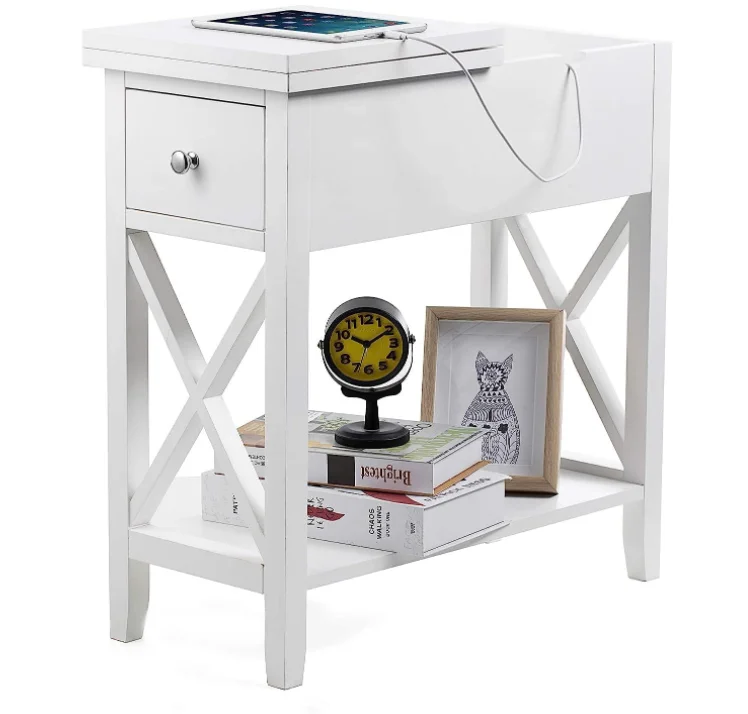 End Table, MDF Material Flip Top Narrow End Table with Drawer, Accent Small Side Table Nightstand for Living Room, Bedroom,