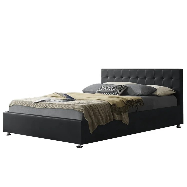 Willsoon  Indoor Furniture Morden Black faux PU leather upholstered bed with storage lit deux places