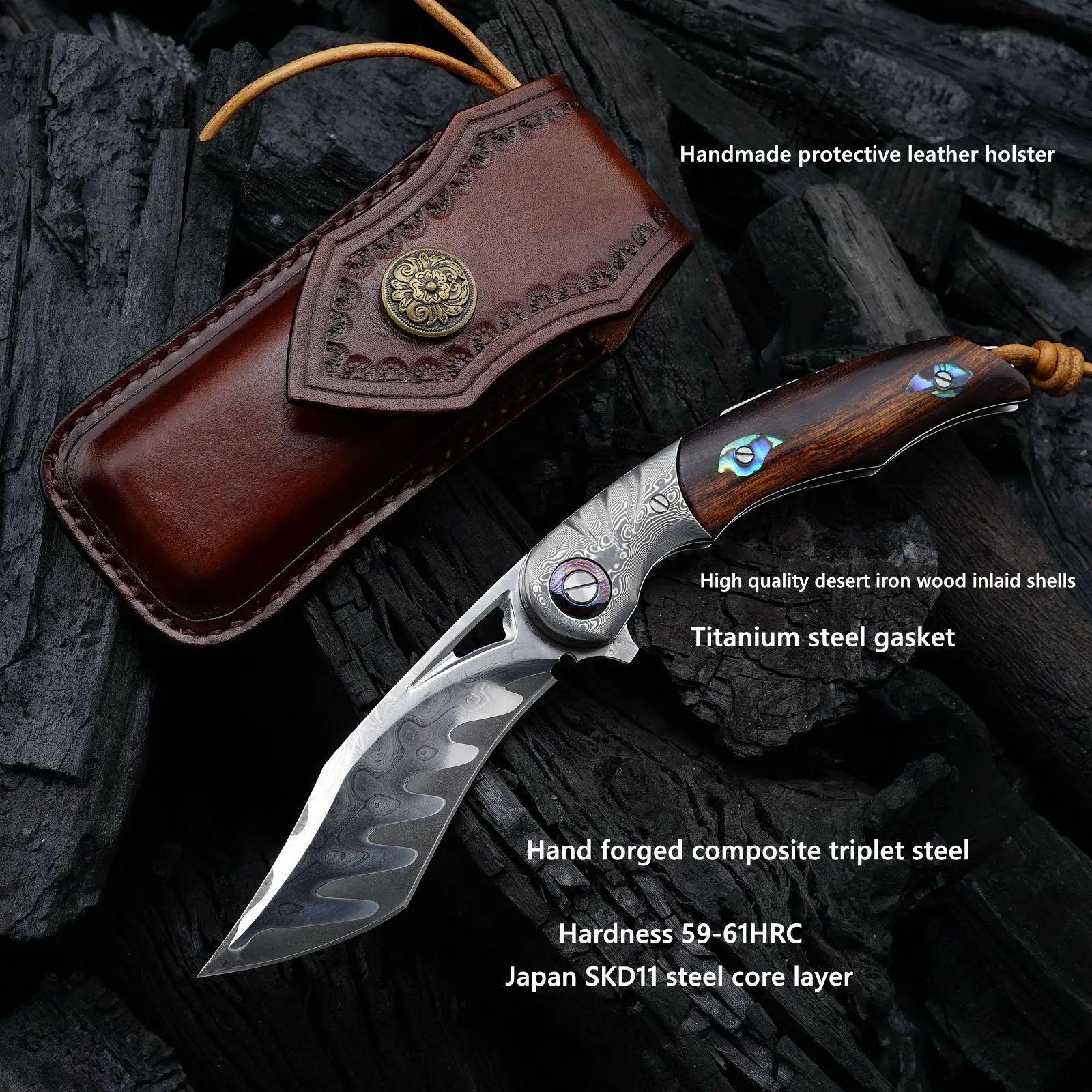 Custom High End Pocket Hand Forged Triple Steel Desert Iron Wood Handle Folding Pocket Knife for Men with Clip Edc Knives