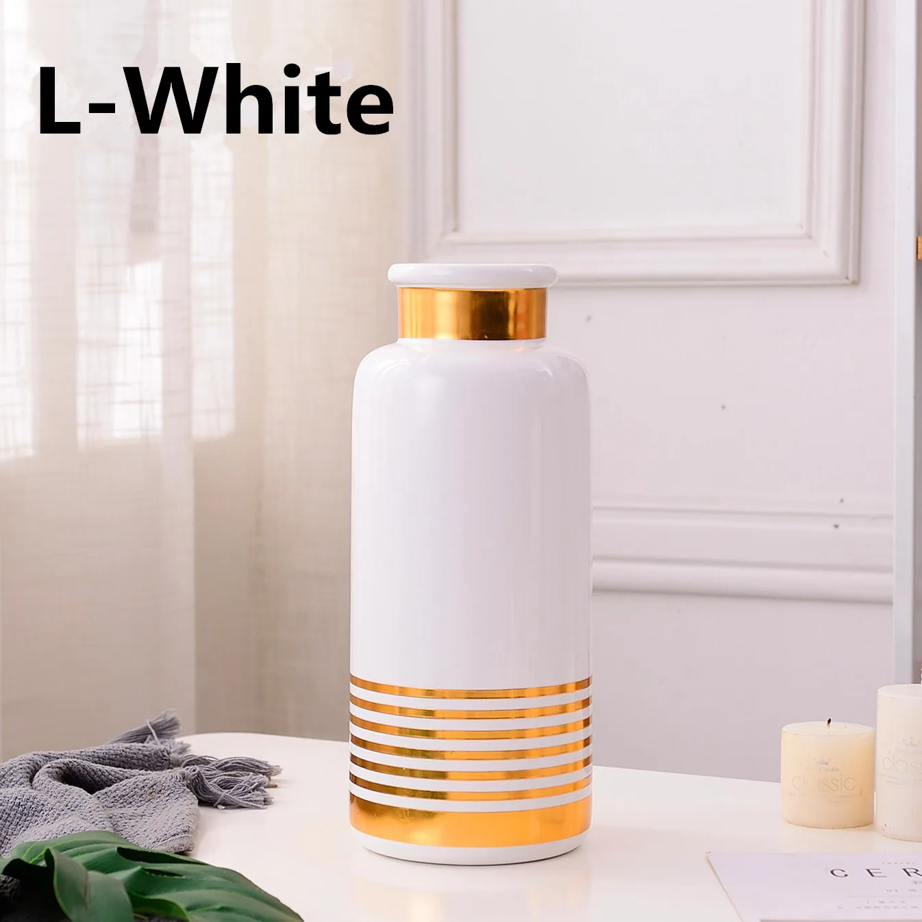  Simple modern white & black with gold line Cylinder Shape ceramic vases for home