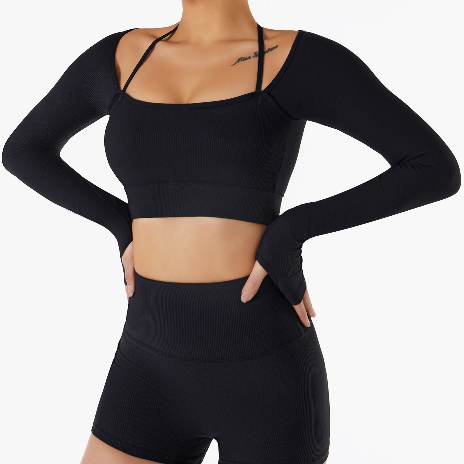 Autumn Winter T Shirts For Ladies Sexy Crop Top U Neck Slimming Long Sleeved Beautiful Back Sportswear T Shirts For Woman