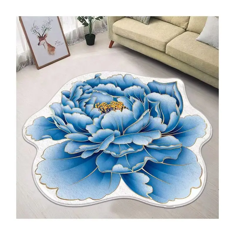 Round Flower Rug For Living Room Cashmere Blue Lotus Chinese Style Carpet Non-Slip Bath Mat Home Decor Plush Floor Mat