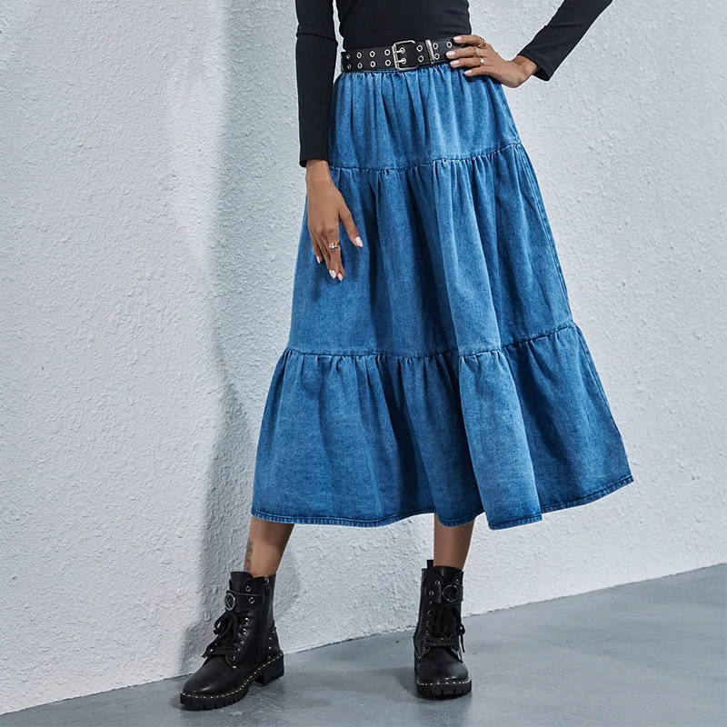 INS Fashion High Waist Loose Big Skirt Hemline Long Dress A-line Casual Solid Blue Ruffle Denim Frill Skirt For Women Girls