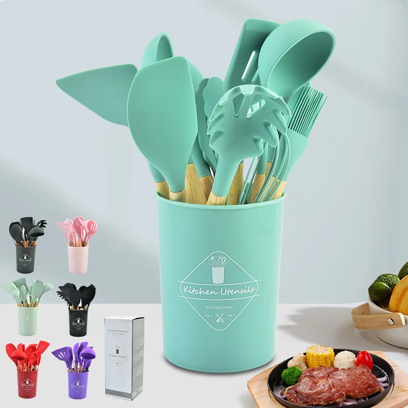 12Pcs Silicone Cooking Kitchen Utensils Set With Holder Wooden Handles Cooking Silicone Kitchen Utensil Set Spatula