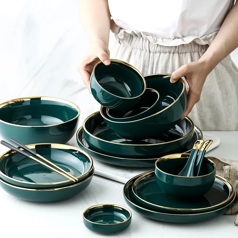 Ceramic Dinner Plates Steak Food Dessert Plate Green Salad Soup Bowl Dinnerware Set Dishes Plates and Bowls Set for Family Hote