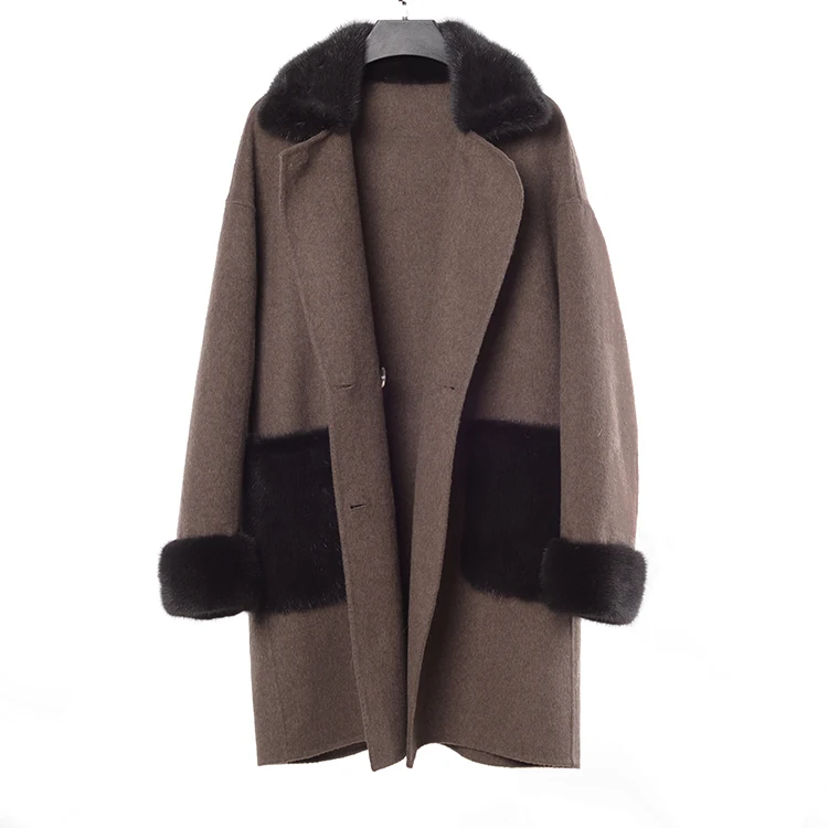 Jtfur Fashion Winter Warm Fur Collar Pocket Double Face Wool Jacket Wool Coat With Real Mink Fur