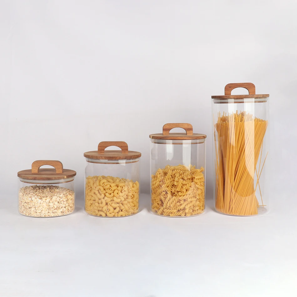 wholesale custom large clear food storage spice glass jar set kitchen airtight glass canister with bamboo wooden lid for kitchen