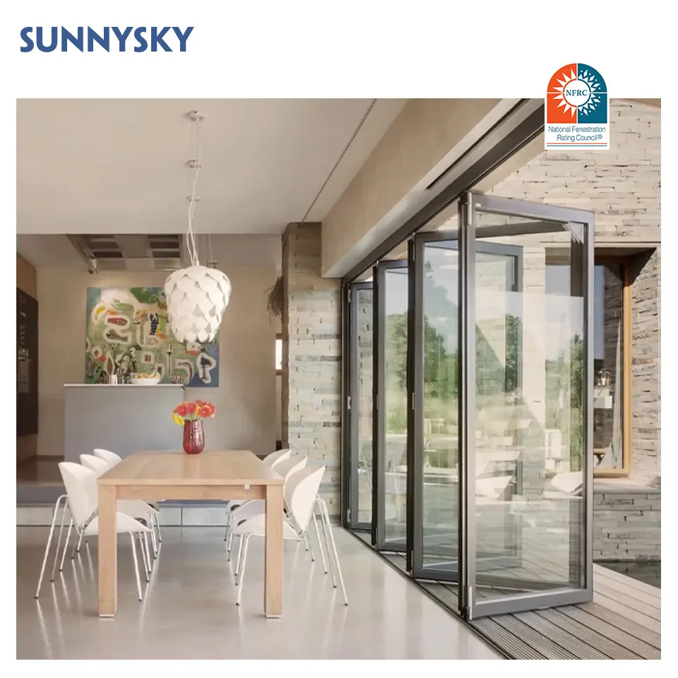 Glass Curtain Stacking Panoramic Accordion Bifold Doors Balcony Partitions Doors Aluminum Sunnysky Frameless Sliding Folding