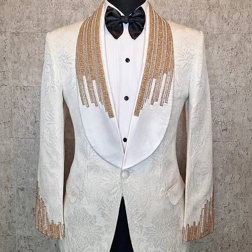 Floral Jacquard Tuxedo Suits For Men Wedding Slim Fit Hand Embroidered White Ivory Damask Jacquard Jacket