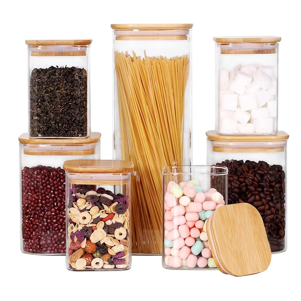 Square Airtight Coffee Tea Spice Glass Jar Kitchen Organizer Storage Bottles Sealed Glass Food Storage Jars with Bamboo Lid