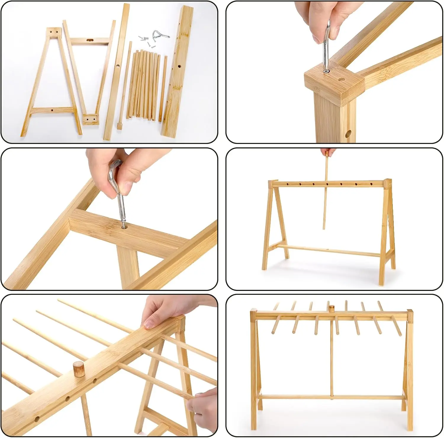 Bamboo Pasta Drying Rack, Noodle Dryer Stand with Transfer Wand and 14 Bars, Stable Household Spaghetti Hanger