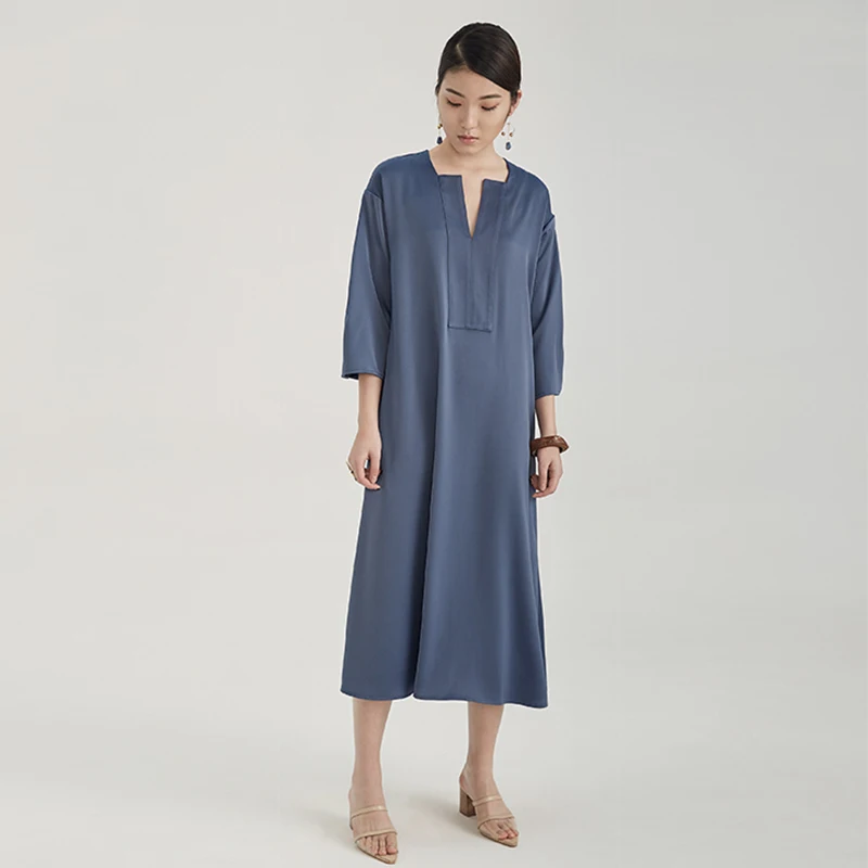 Fashion high end women royal blue belt 3/4 sleeve long satin dress with pockets