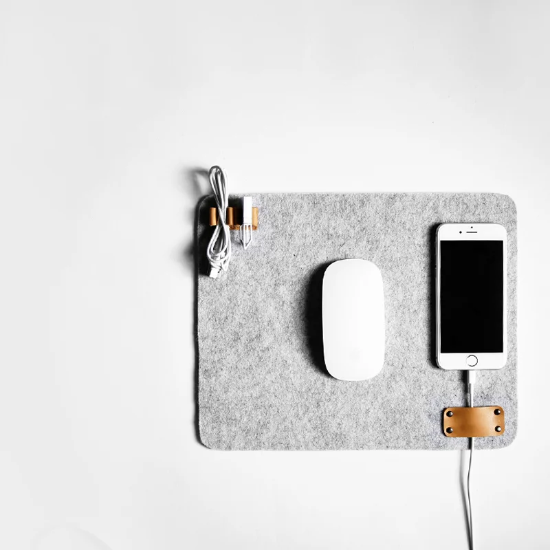 high quality soft felt mouse pad office desk table organizer with leather smart phone cable loops