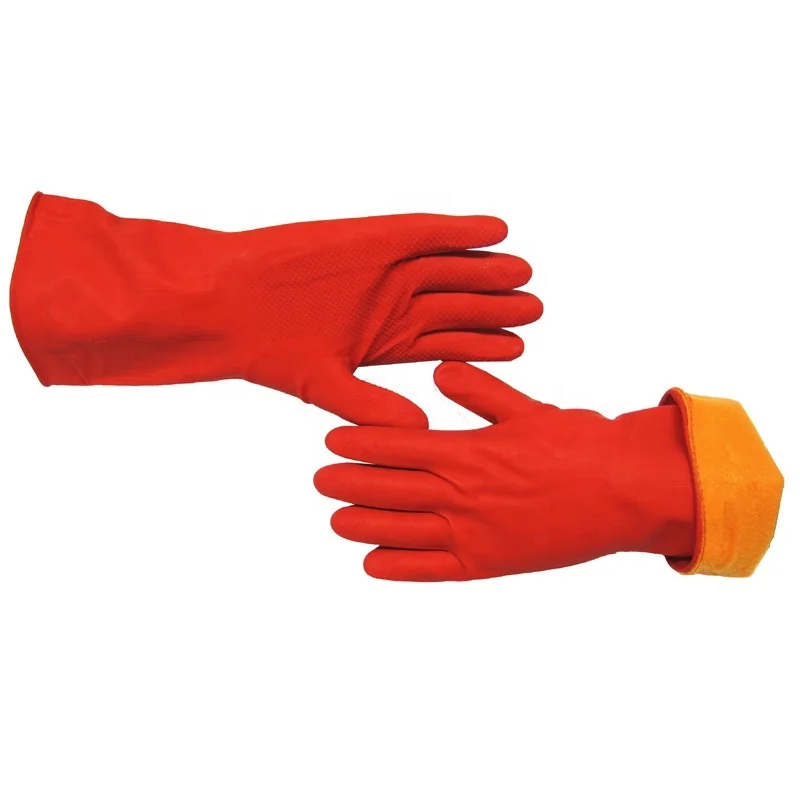 Custom Red Latex Household Glove Warm Flock Electrostatic Flock Liner Winter Cleaning Gloves Grip Roll  Cuff