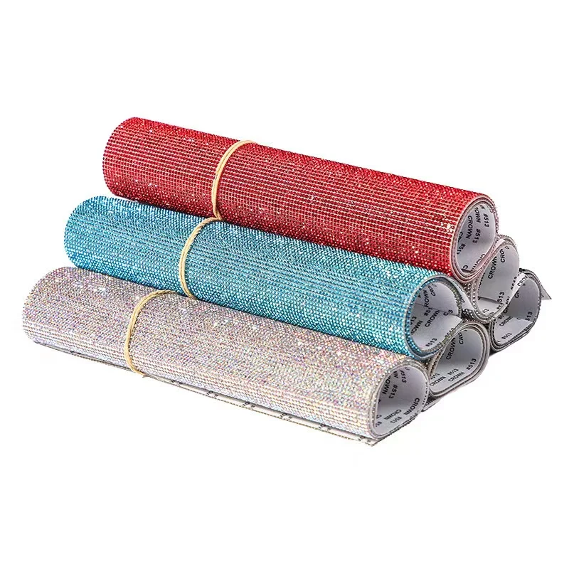 Lucky wholesale super close 24*40 cm self-adhesive rhinestone mesh fabric rhinestone sheet rhinestone tape  for car decoration