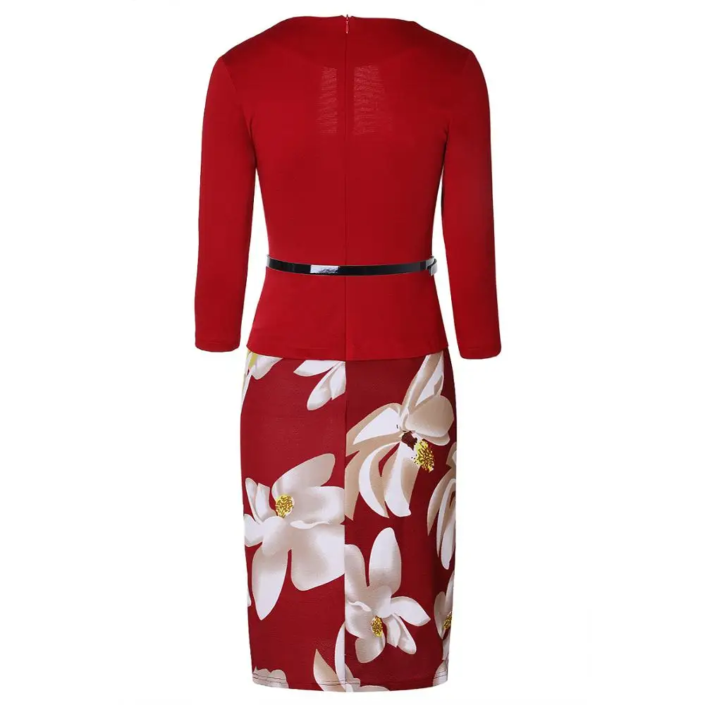 Two Piece Belt Office Dress Patchwork Floral Print Elegant Business Party Formal Bodycon Pencil Work Dresses A312