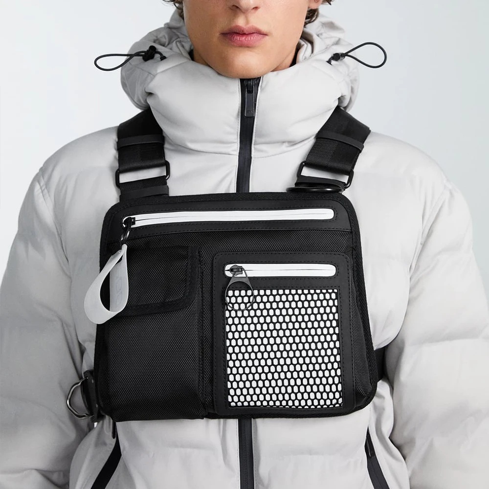 Custom Black Canvas Hip Hop Front Crossbody Pack Mens Tactical Chest Rig Harness Bag